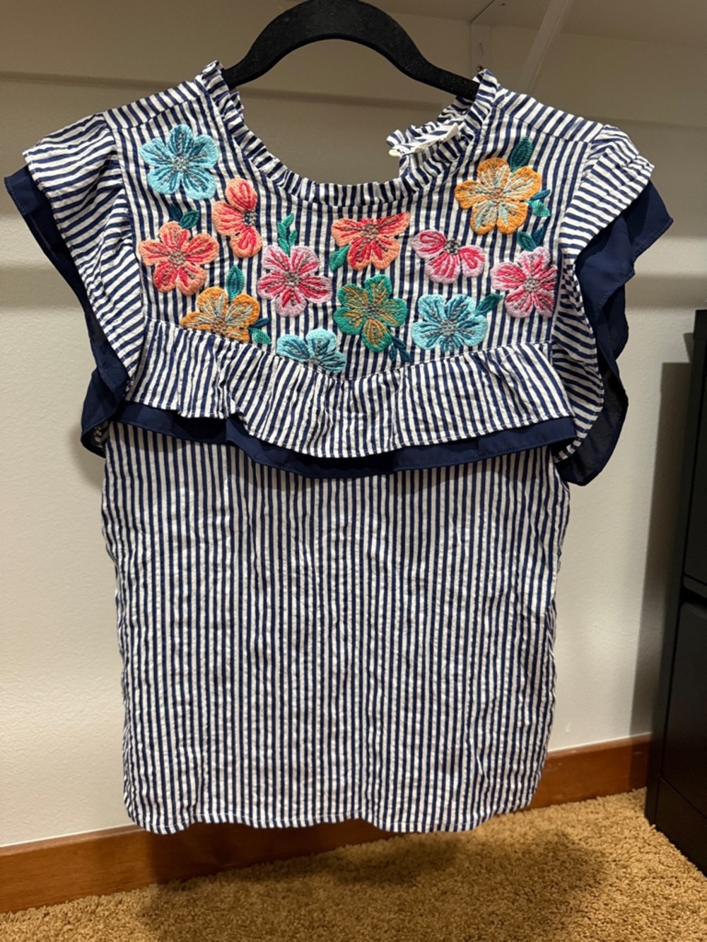THML Navy White Striped Embroidered Floral Ruffle Top